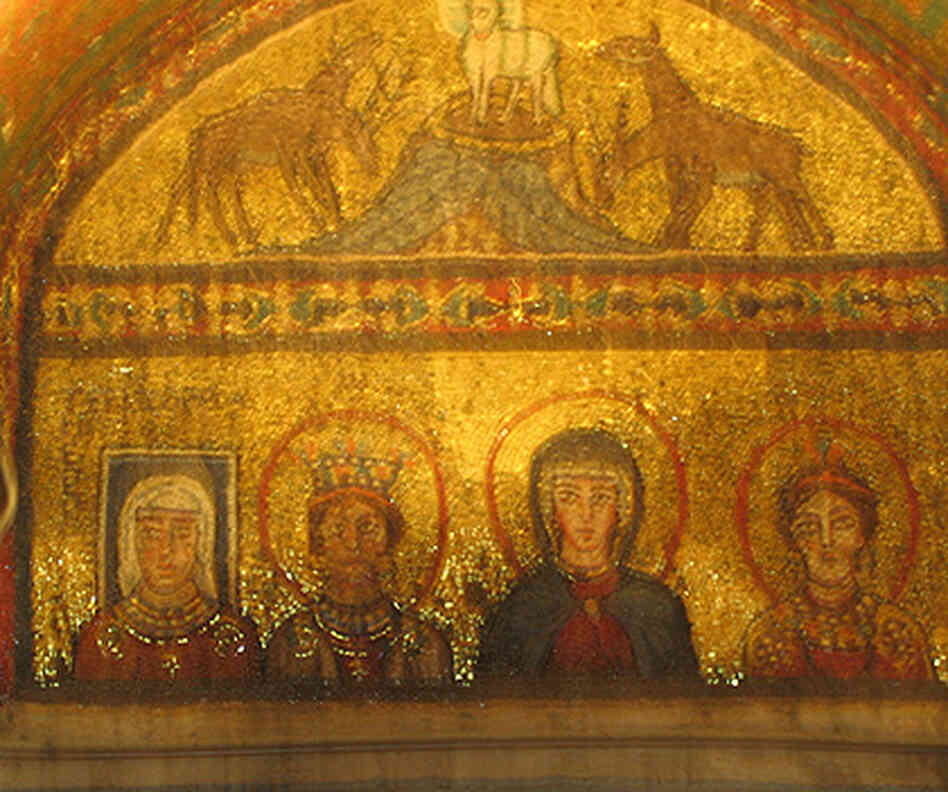Mosaic of Bishop Theodora with a square halo. Mosaic of Bishop Theodora with a square halo.