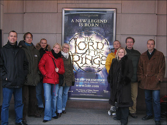The whole group poses outside The Princess of Wales Theatre in Toronto.