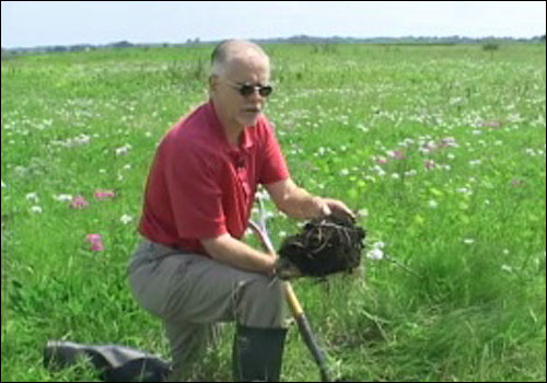 Lee Burras examines Iowa prairie soil.