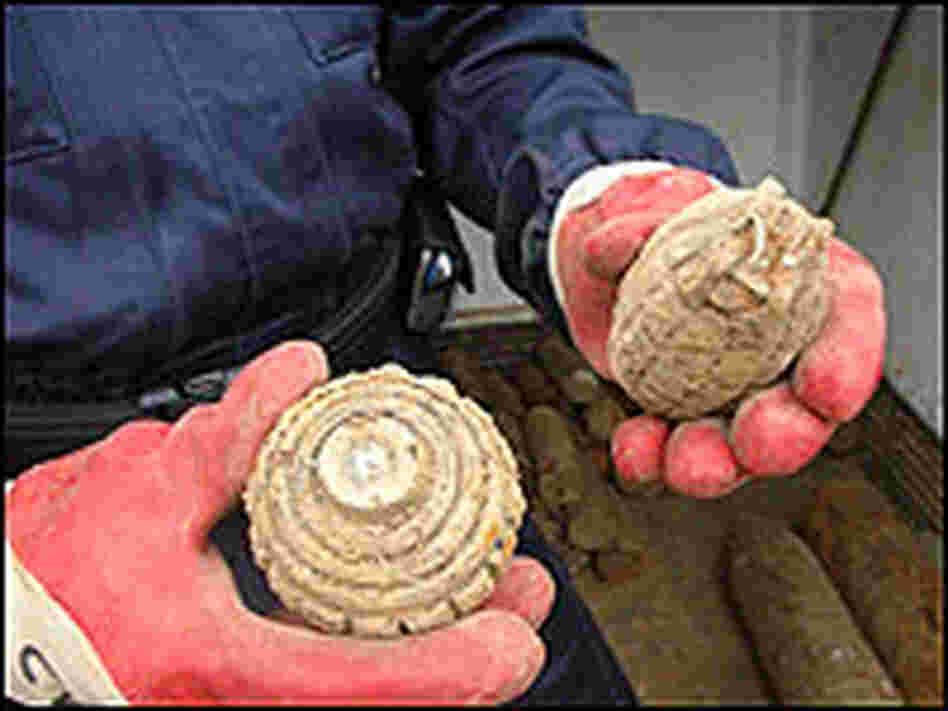 Unexploded grenades and shells found on a former WW1 battlefield in France.