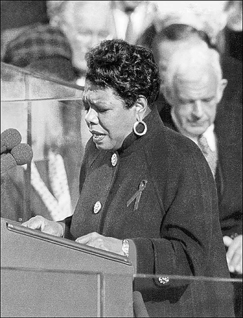 Angelou delivers her poem "On the Pulse of Morning" on January 19, 1993.