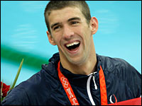 Michael Phelps celebrates after winning his eighth gold medal at the Beijing Olympics.