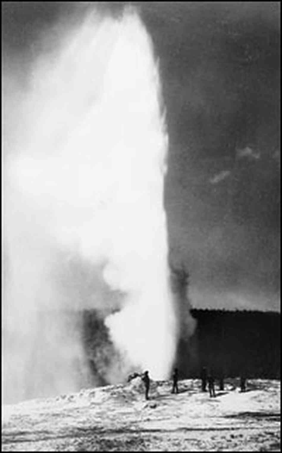 The first known photo of Old Faithful, in 1872.