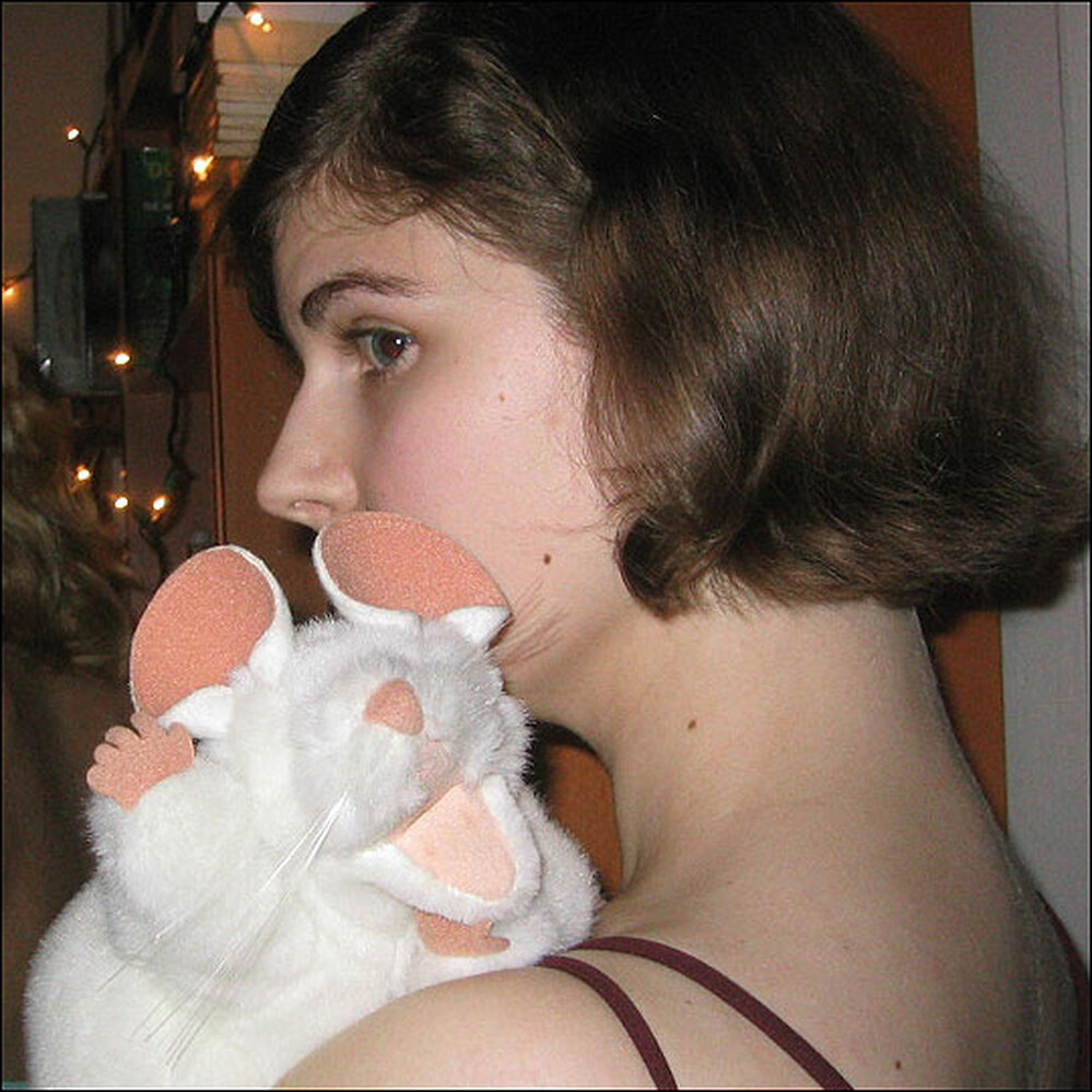 Librarian Elizabeth Bird, with a white stuffed mouse on her shoulder.