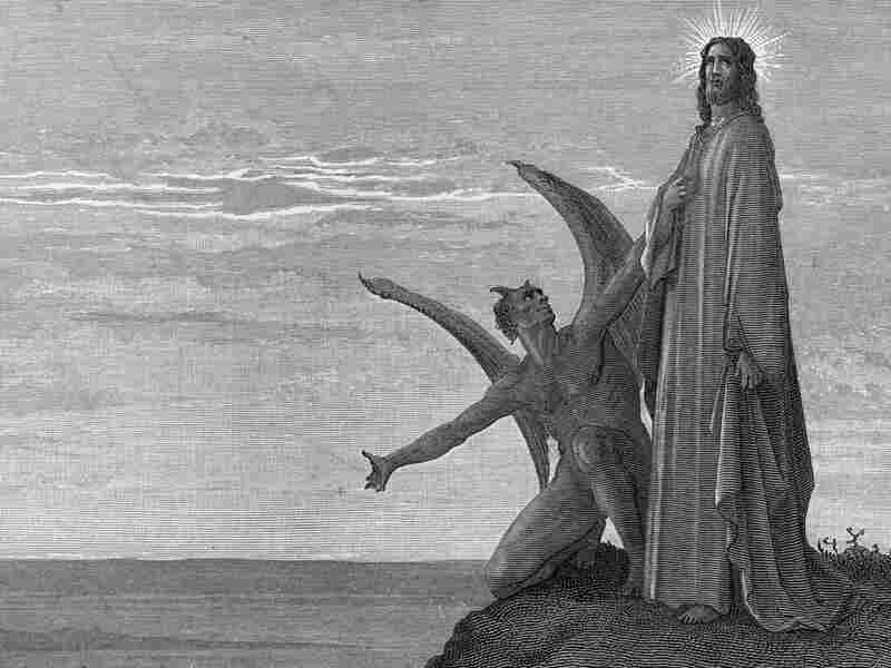 The devil tempts Jesus in the desert.