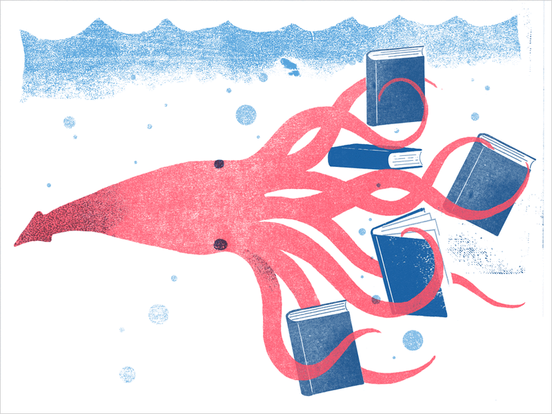 Illustration: A squid swims along, holding books in his tentacles.
