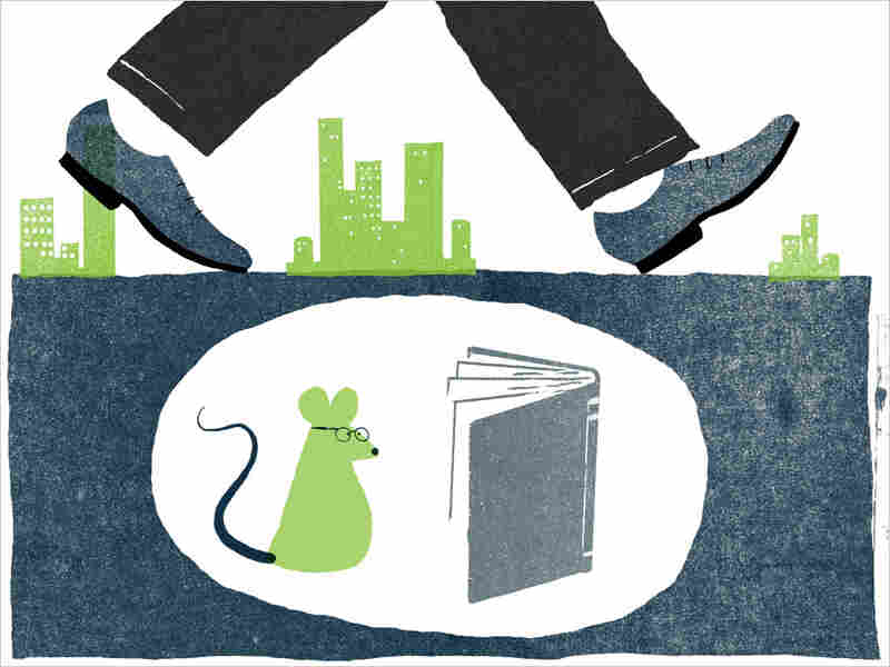 Illustration: Mouse below street reads book as man's shoes walk above.