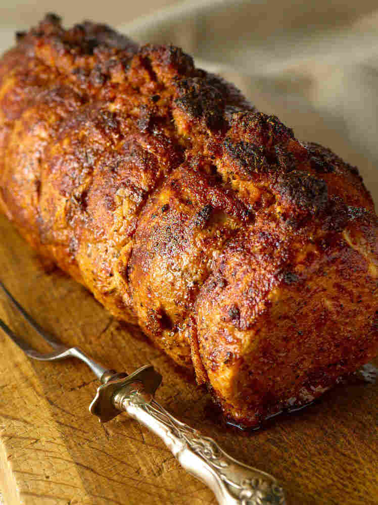 Roast Chorizo-Stuffed Adobo Pork Loin with Black Beans and Rice