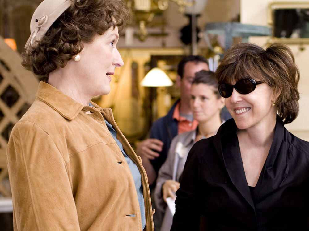 Meryl Streep and Nora Ephron on the set of <em>Julie and Julia,</em> in which Streep plays iconic foodie Julia Child.  Ephron wrote and directed the film, based on Julie Powell's best-selling memoir. (Columbia)