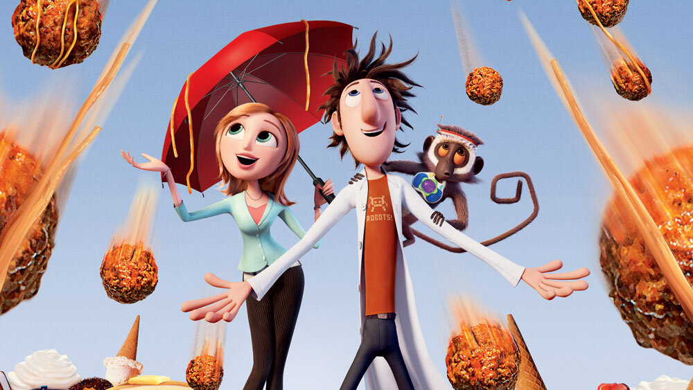 the Coronavirus Diet - Meatballs and spaghetti raining from the clouds in a scene from Cloudy with a Chance of Meatballs