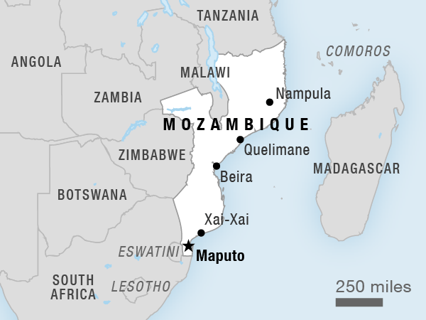 Map showing the location of Mozambique in relation to the rest of southern Africa