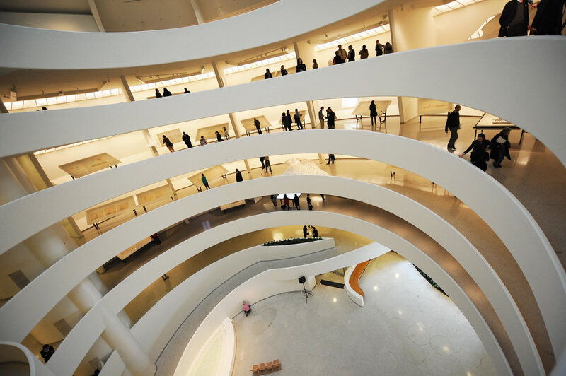 In 2009, the museum marked its 50th anniversary with the exhibition "Frank Lloyd Wright: From Within Outward," seen here from an interior walkway. 