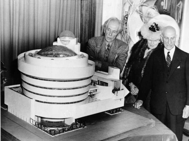 Wright (left) looks over his spiral-shaped model of the Guggenheim with its namesake patron and the Baroness Hilla Rebay, an artist and director of the proposed museum, in New York City on Sept. 20, 1945. 