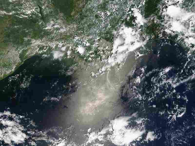 The oil slick off the coast of Louisiana, seen from above. 