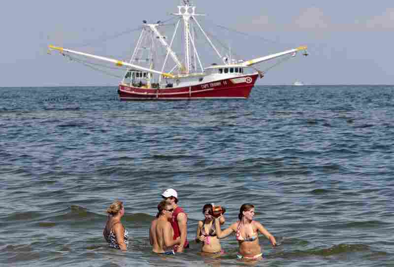 A shrimp boat skims oil from the surface of the water just off Orange Beach, Ala., as a family enjoys the surf. Oily tar balls have started washing up on Orange Beach and beaches in the western Florida panhandle. 