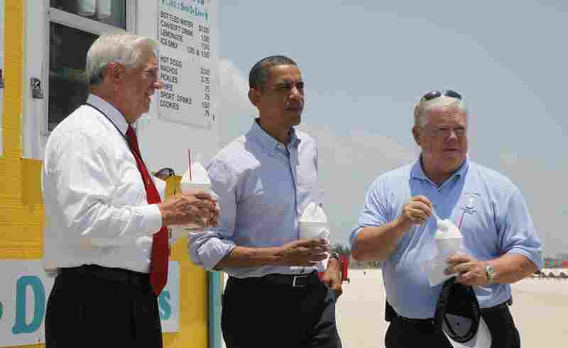 President Obama stands with Mississippi Gov. Haley Barbour (right) and Gulfport, Miss., Mayor George Schloegel after meeting with residents affected by the oil spill. 