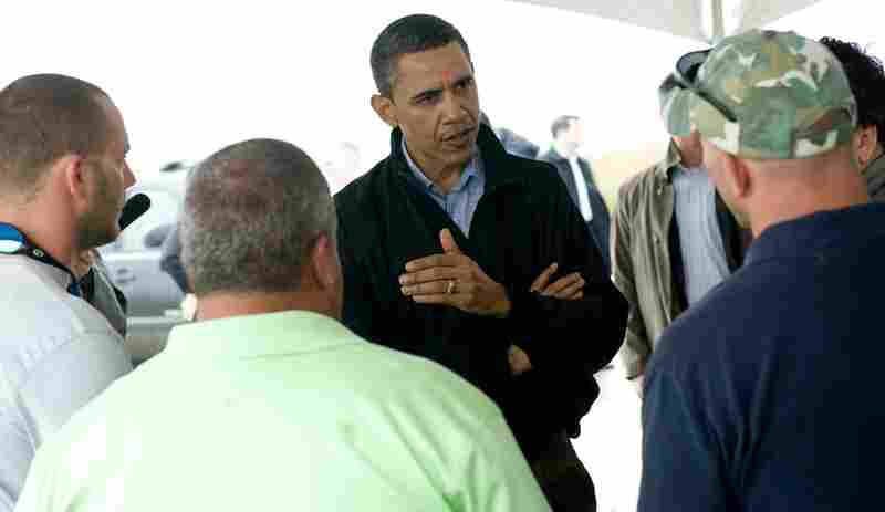 President Obama speaks with local fishermen about how they are affected by the oil spill in Venice, La., on May 2. 
