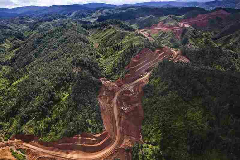 A path cut for a nickel mine slices through a species-rich forest. Ignoring the previous government's pledge to set aside 10 percent of the island for protected areas, new leaders continue to promote mining.