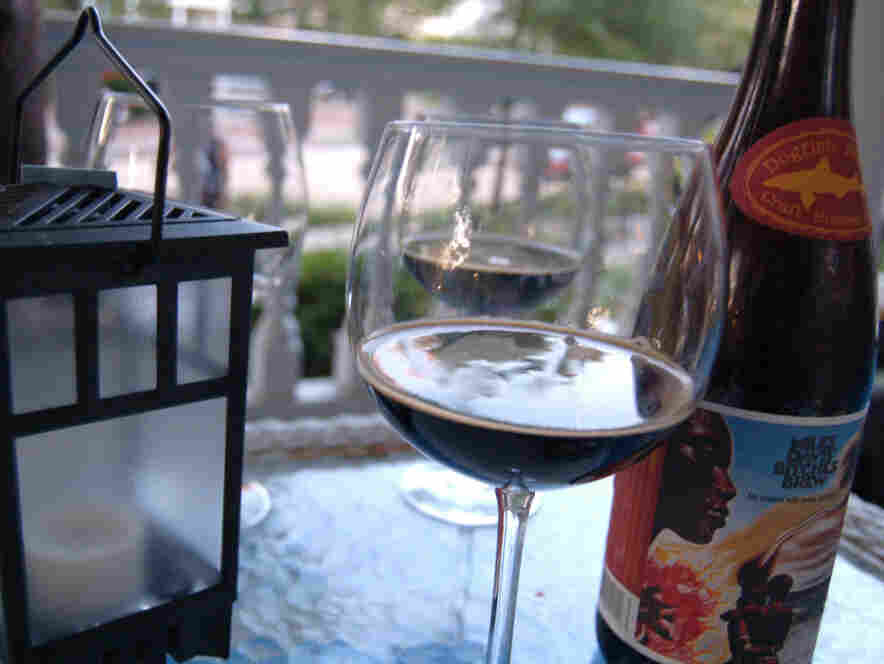 Bitches Brew ale in a wine glass.