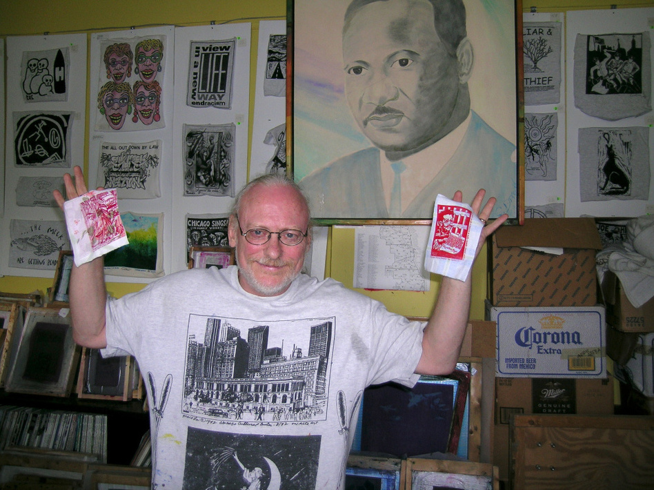Artist Chris Drew in his office at Chicago's Uptown Multicultural Center. Drew's fight against a city law restricting how artists can sell their work led to eavesdropping charges. (Cheryl Corley/NPR)
