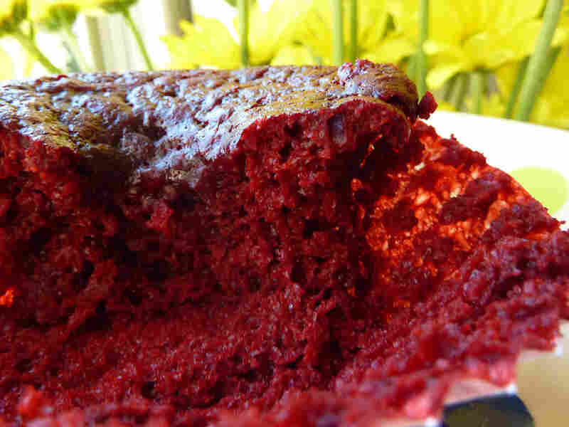 Close-up of a red-velvet cupcake before frosting