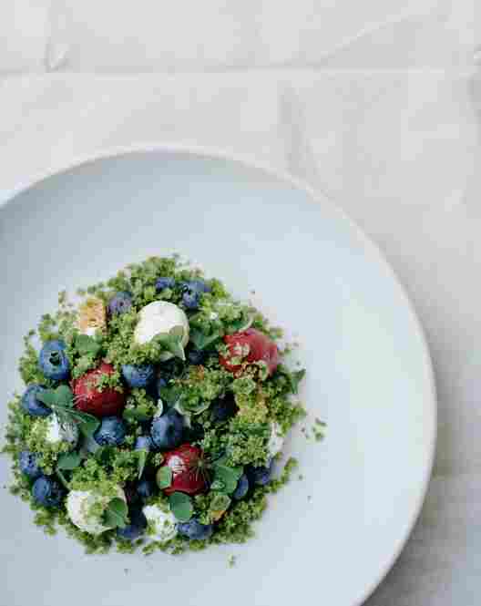 Blueberries Surrounded By Their Natural Environment: What appears to be green grain is actually a "spruce granita," made with spruce, sorrel and xanthan gum.