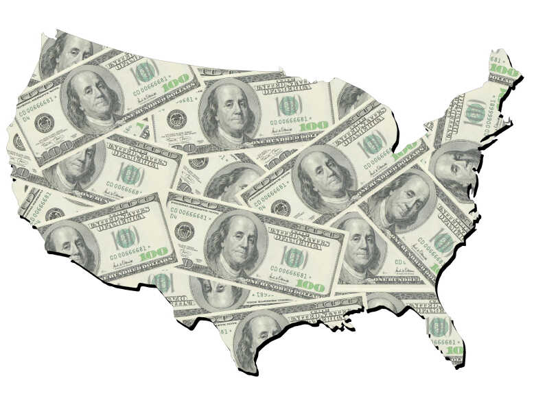 Map of the United States made of $100 bills.