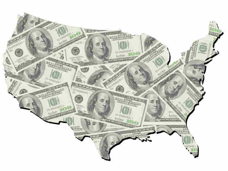 Map of the United States made of $100 bills.