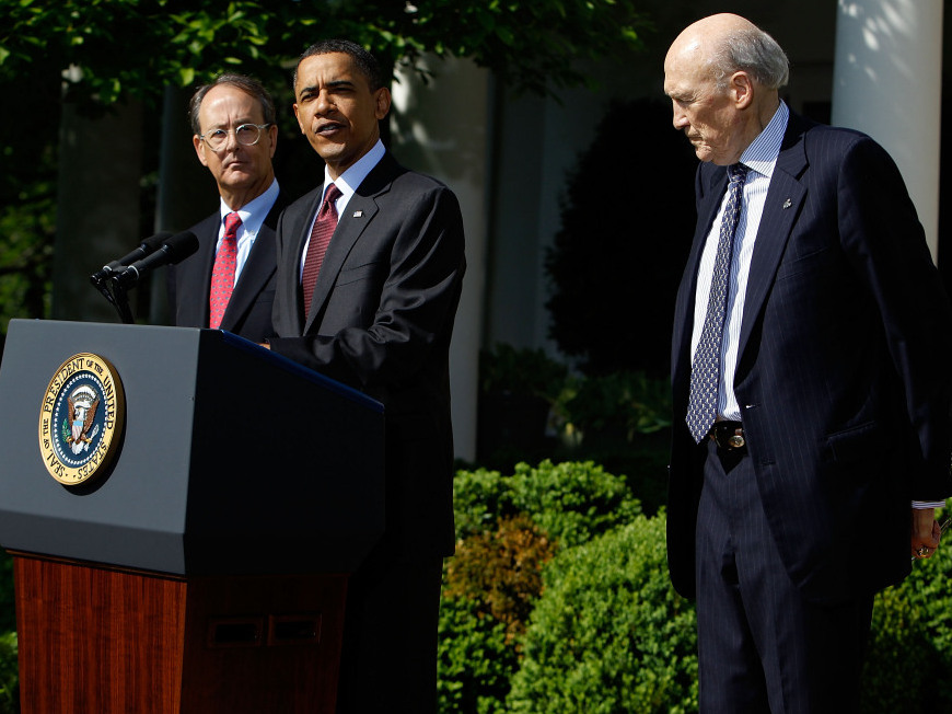 The co-chairs of the National Commission on Fiscal Responsibility and Reform, Erskine Bowles (left) and Alan Simpson (right), listen to President Obama deliver a speech in the Rose Garden of the White House. The commission will release its report on how to reduce the nation's debt this week. (Getty Images)