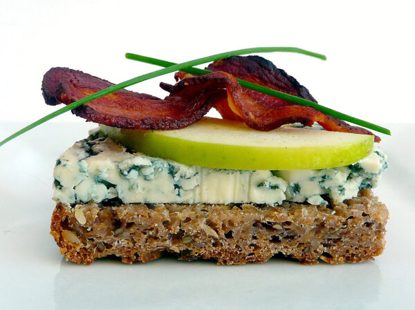 Danish open-face sandwich, or smorrebrod: Blue Cheese And Apple With Bacon