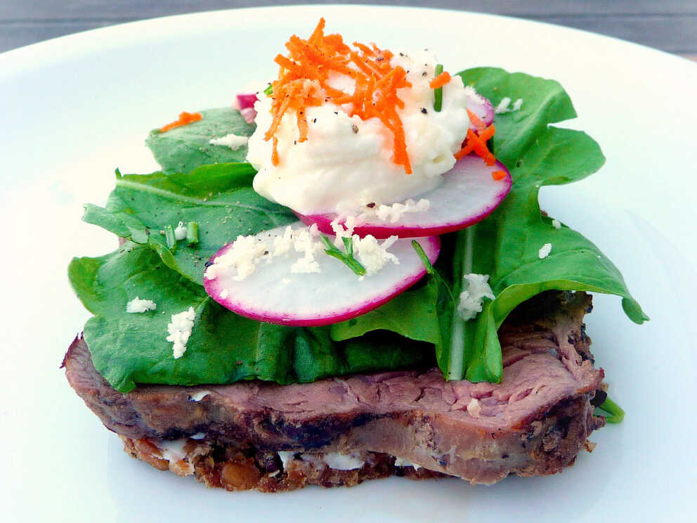 Danish open-face sandwich, or smorrebrod: Beef And Arugula With Horseradish Creme Fraiche