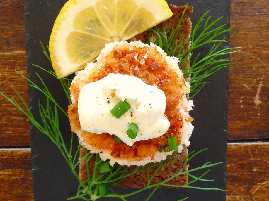 Danish open-face sandwich, or smorrebrod: Smoked Salmon Fish Cakes With Dill And Remoulade