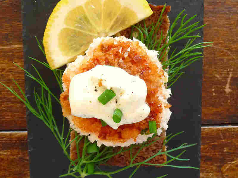 Danish open-face sandwich, or smorrebrod: Smoked Salmon Fish Cakes With Dill And Remoulade