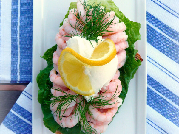Danish open-face sandwich, or smorrebrod: Shrimp With Dill And Lemon