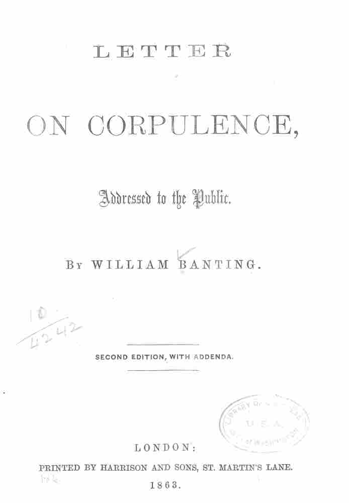 The title page of the first diet book: Letter on Corpulence, Addressed to the Public.