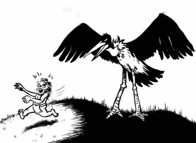Giant stork scaring away a hobbit.