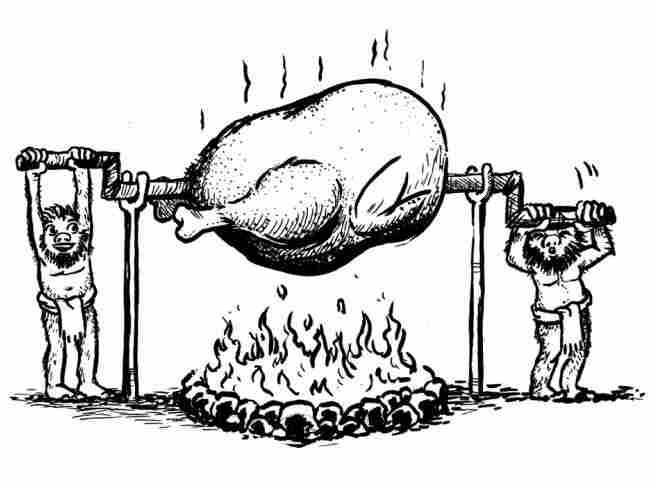 Hobbits roasting a stork on a spit.