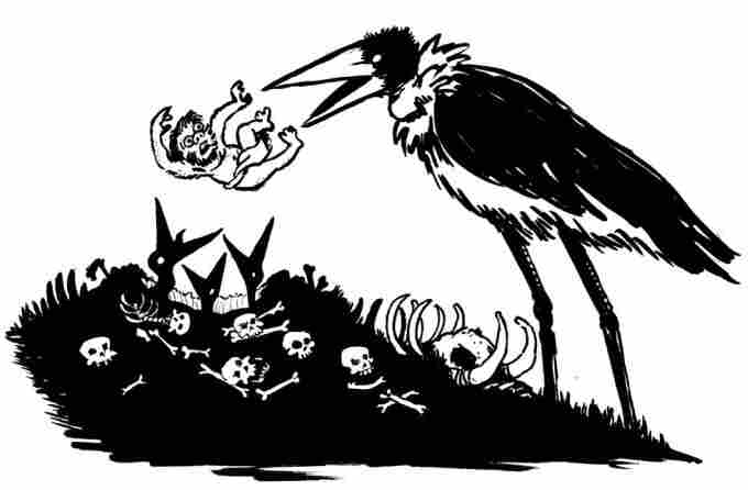 Stork feeding baby hobbits to nestlings.