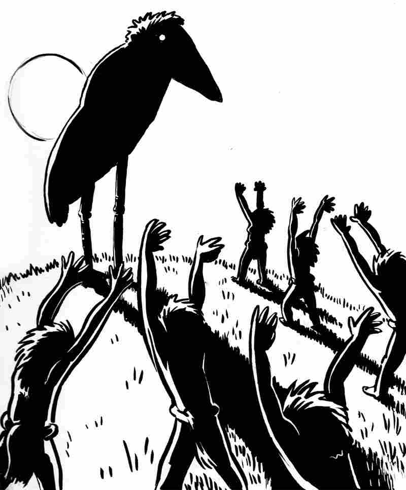 Hobbits worshiping Leptoptilos robustus.