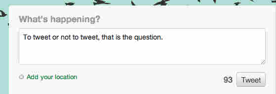 A screenshot of a Twitter window containing the words: To tweet or not to tweet, that is the question.