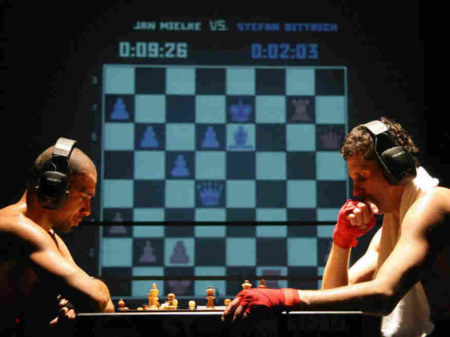 A chess boxing match in Cologne, Germany.