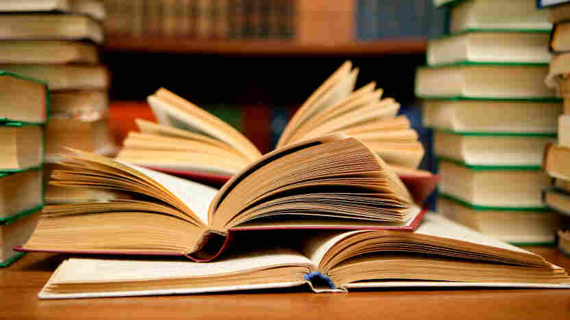 Books on a desk.