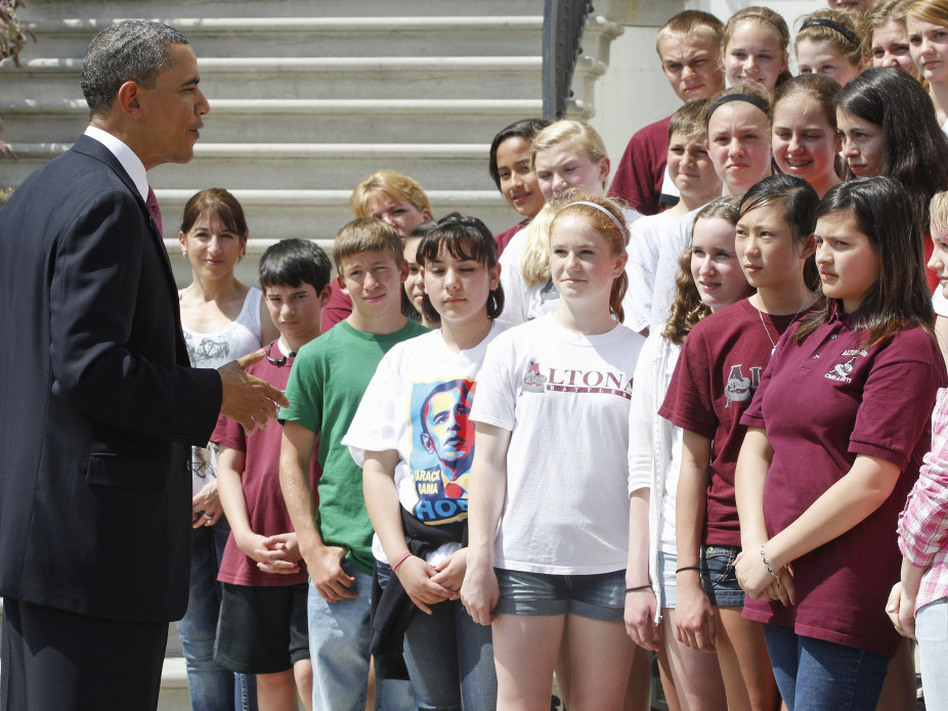 President Obama meets middle school students from a Longmont, Colo. at the White House, April 11, 2011. (Charles Dharapak/AP)