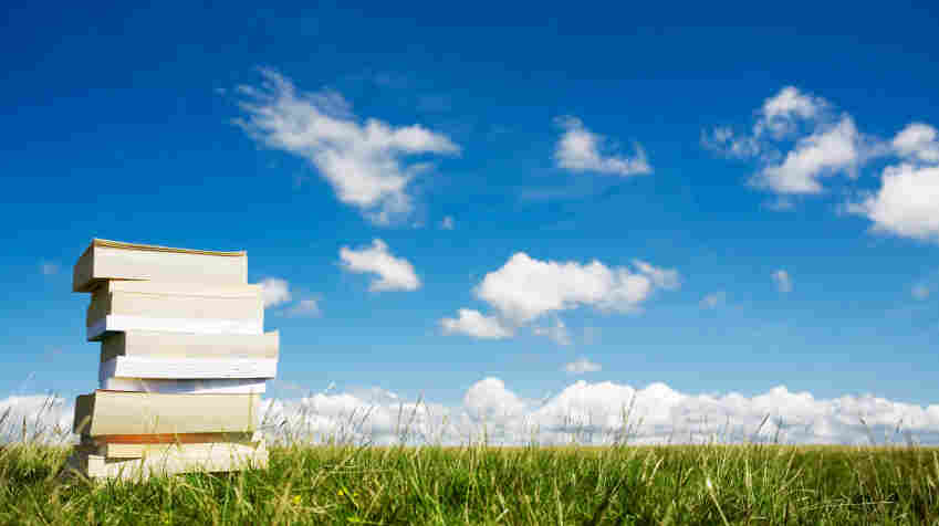 A stack of books in a grassy field.