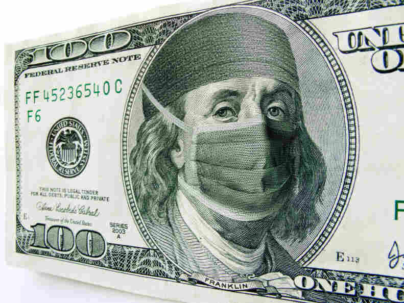 Ben Franklin wears a surgical mask on a $100 bill.
