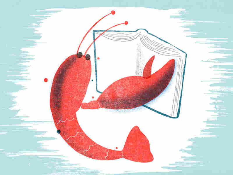 Illustration of a lobster reading a book.