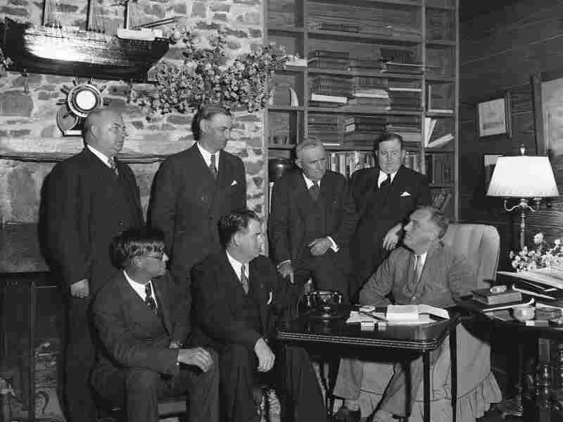 Hopes for some sort of state unemployment insurance were expressed by President Franklin D. Roosevelt to officials of five southern states when they visited him at the Little White House in Warm Springs, Ga., Nov. 20, 1934, in the president's study.