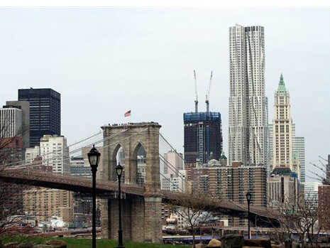 The Woolworth building on the right in downtown New York.