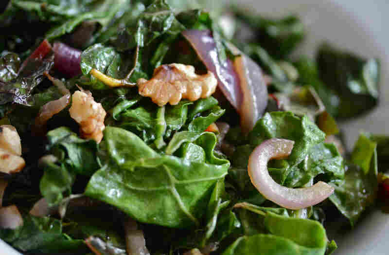 Wilted Greens With Caramelized Red Onion And Toasted Walnuts