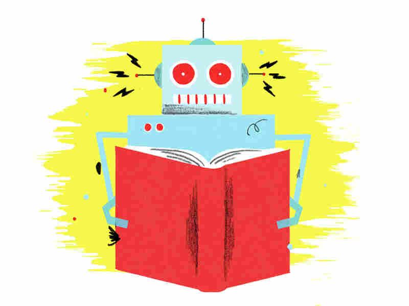 Illustration: A robot reads.